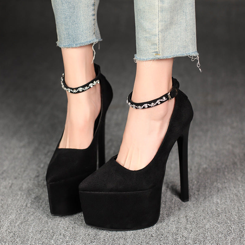 Exquisite one-word buckle t-stage catwalk style thick sole2025 summer new arrival women's shoes waterproof platform flats18cm high heels