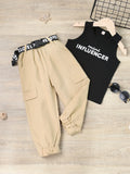 summer collection: girls' cotton printed letter tank top + patch pocket cargo pants set - cross-border fashion for toddlers
