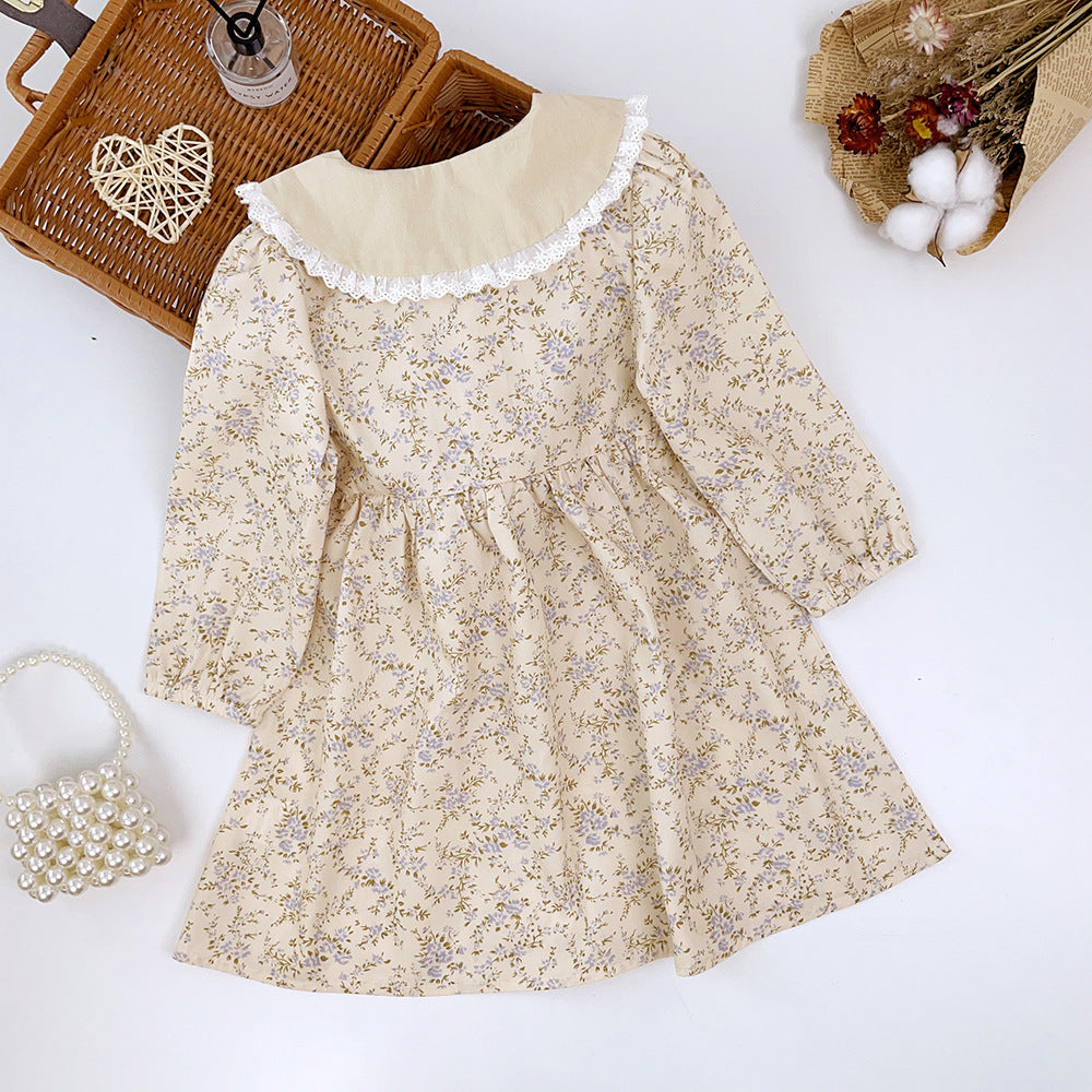 Kids' spring/autumn dress: new cross-border style for girls - chic lace collar, floral print, long sleeve dress, korean style skirt