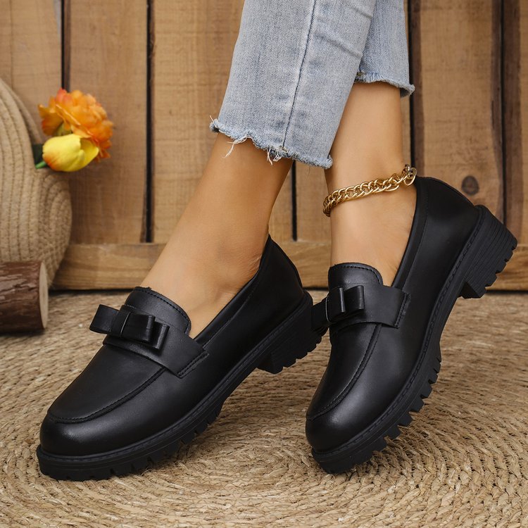 Women's british style leather loafers for cross-border e-commerce: new  autumn/winter collection - chunky sole, slip-on, plus size, with bow detail