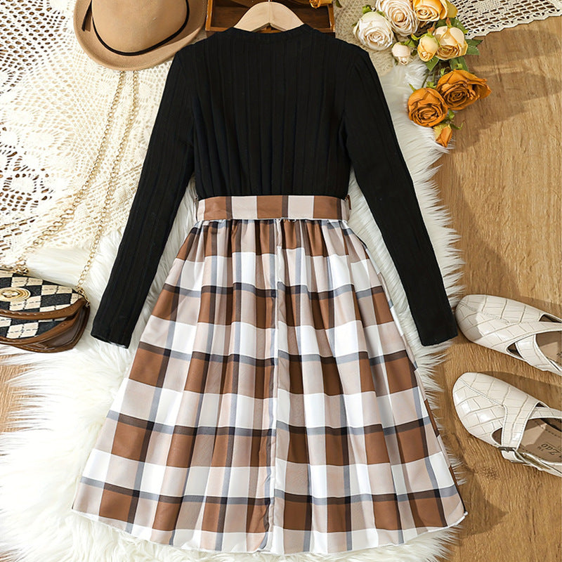 Export kids skirt k-stylelong sleevesfake two-pieceletterprintingpatchwork skirtplaid skirtspringgirldress