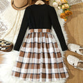 Export kids skirt k-stylelong sleevesfake two-pieceletterprintingpatchwork skirtplaid skirtspringgirldress