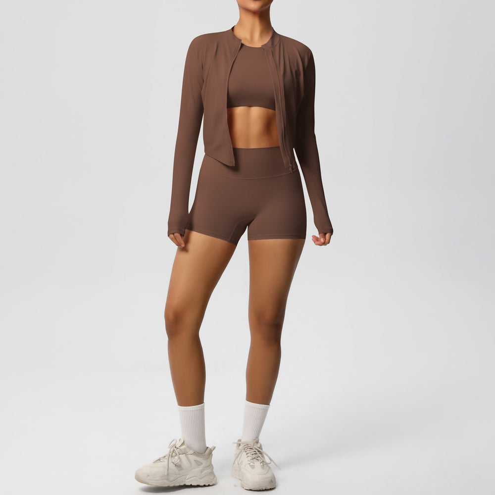 New arrival cross-border brushed tight-fitting fitness wear, nude-feeling quick-drying sports shorts suitslimming look yoga wear three-piece set for women