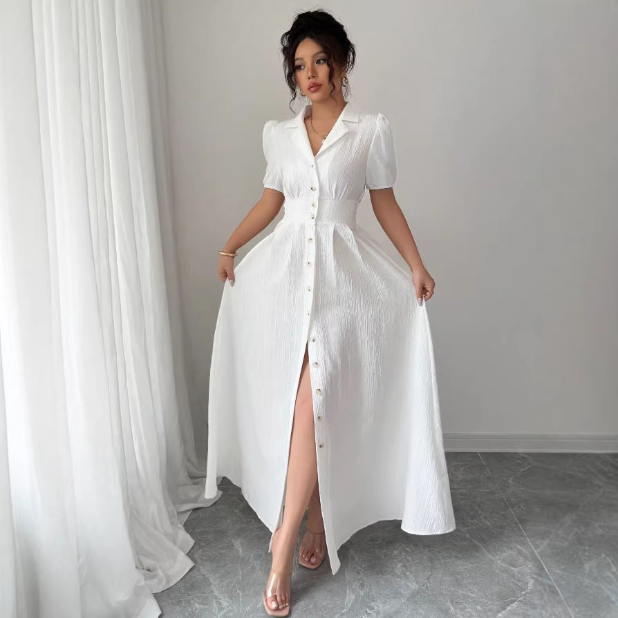 new french-style elegant fitted v-neck white maxi dress