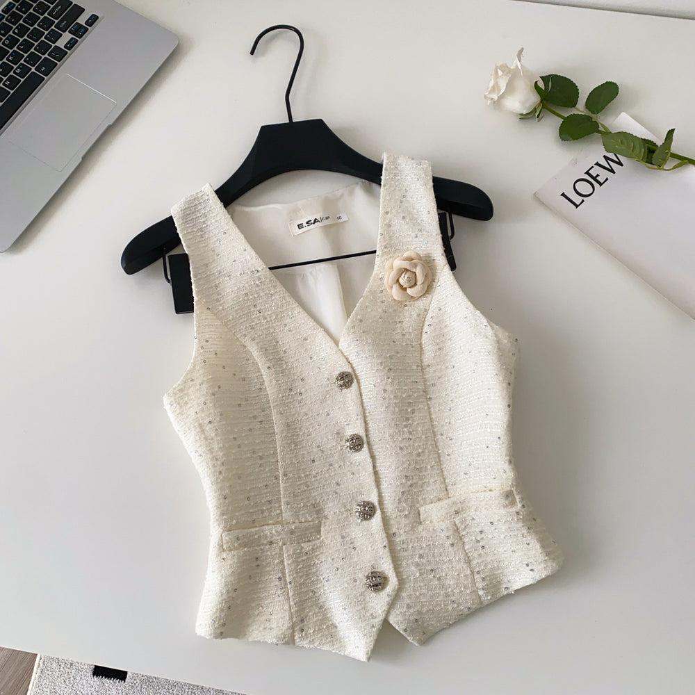 Xiaoxiangfeng socialiteclassysense stereo flower v neck sleeveless sequinvest women's layered outer shorttops