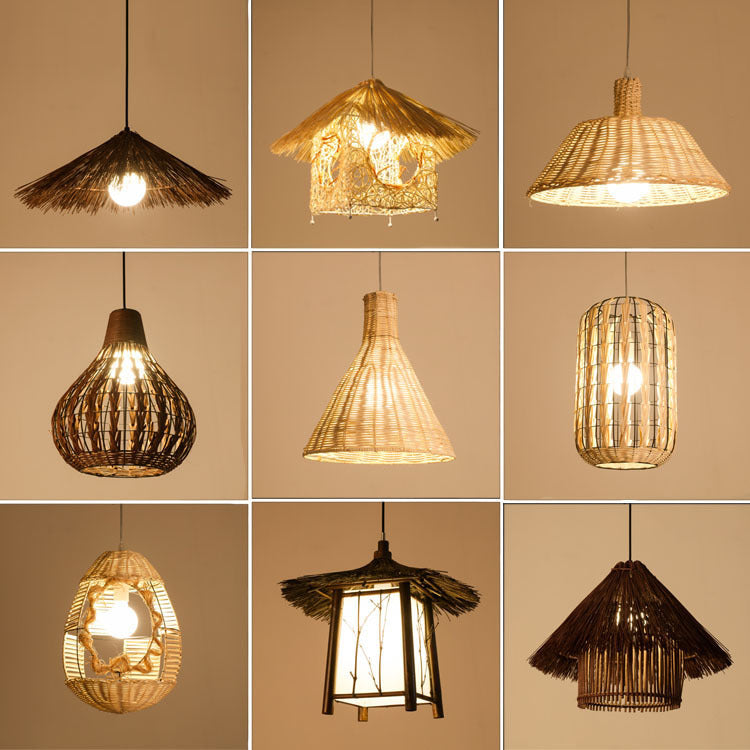 Vintage rattan straw hat chandelier rattan art round bird's nest Chinese pastoral hotel restaurant agritainment bed and breakfast straw hat lamp