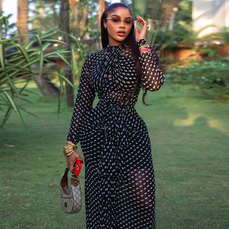 Fashion styleexport outdoor elegant women's fashion polka dot waist bag hip skirt high collar long sleeves travel tight dress