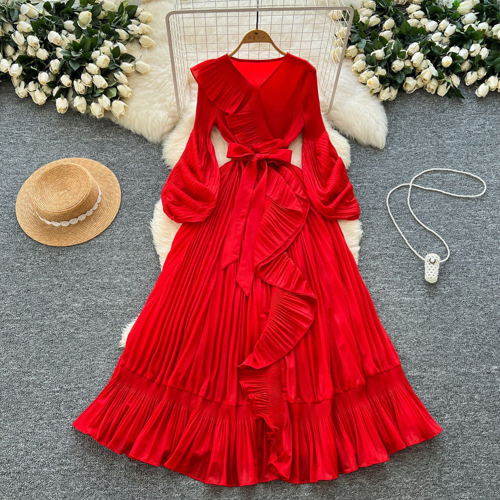 French style socialite issey miyake pleated v-neck long sleeve tie-waist ruffle hem maxi dress - elegant women's flowing dress
