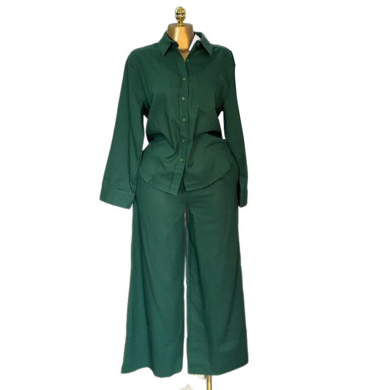 European and american cross-border women's fashion:  autumn new collection - stylish green turn-down collar long sleeve shirt and wide-leg pants casual set