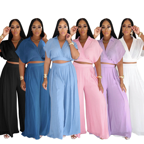 TW716 Cross-border  Europe beautiful woman leisure vacation summer lapel short top high waist wide leg pants set