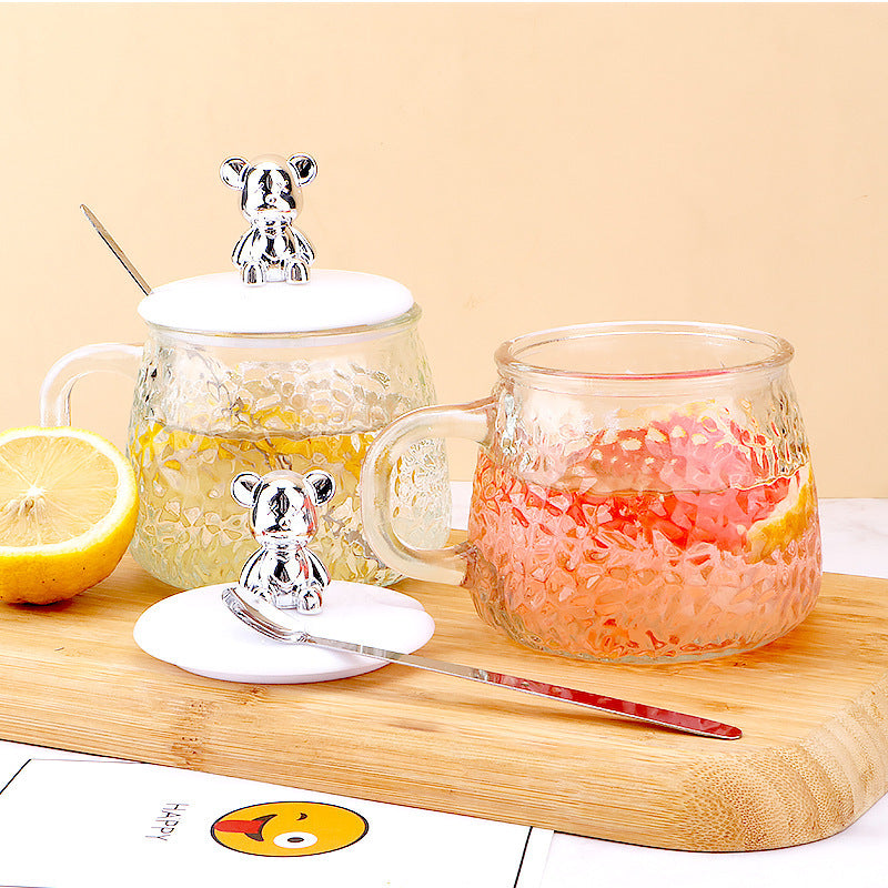 Dropshipping & free shipping: trendy bear glass cup with lid and handle - instagrammable, high-style, cute home water cup