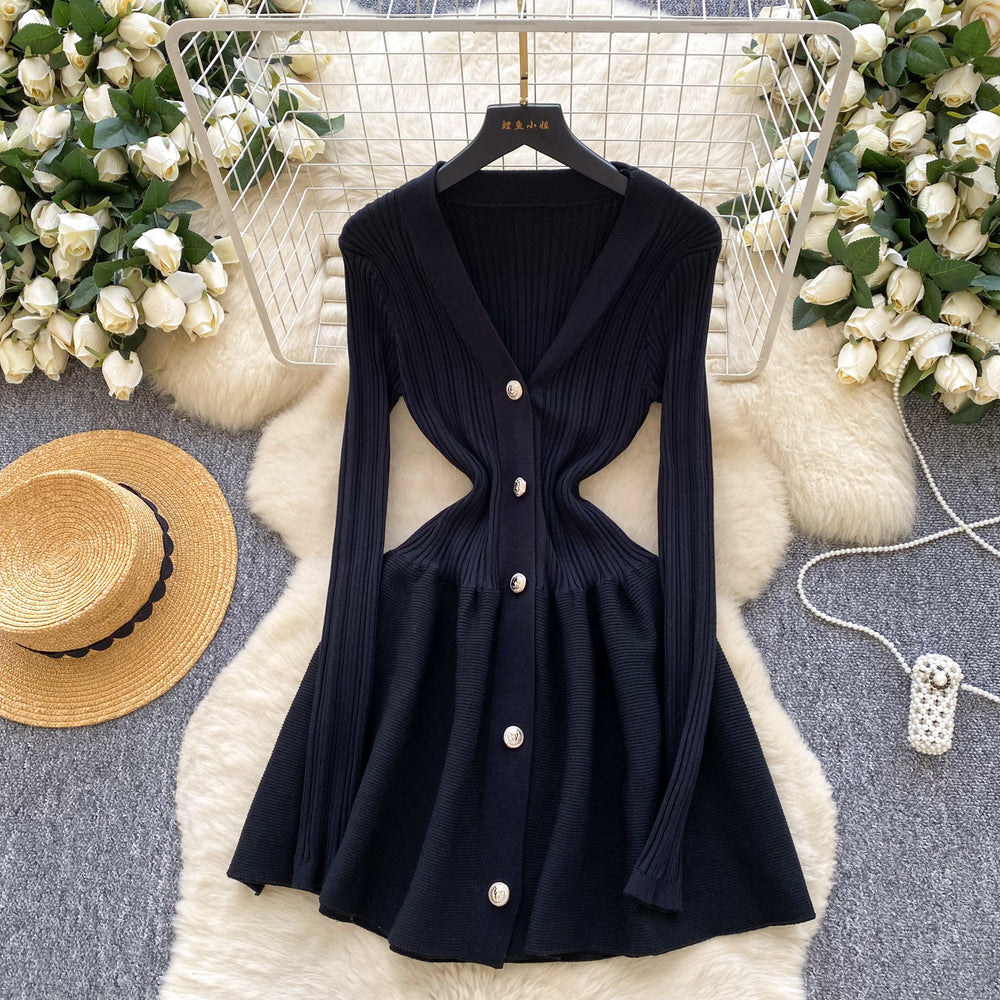 French style women's high-end v-neck metallic buckle waist-defining long sleeve knit dress - autumn/winter slimming chic sweater dress