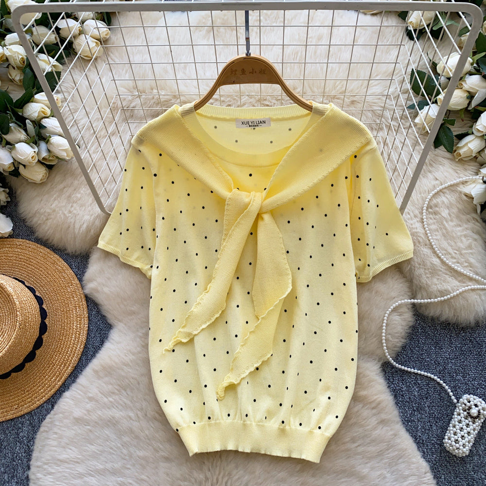 Korean style ribbon hollow-out polka dot knit top - women's summer, skin-friendly, breathable, short sleeve, v-neck, slimming, versatile, and youthful top