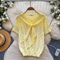 Korean style ribbon hollow-out polka dot knit top - women's summer, skin-friendly, breathable, short sleeve, v-neck, slimming, versatile, and youthful top