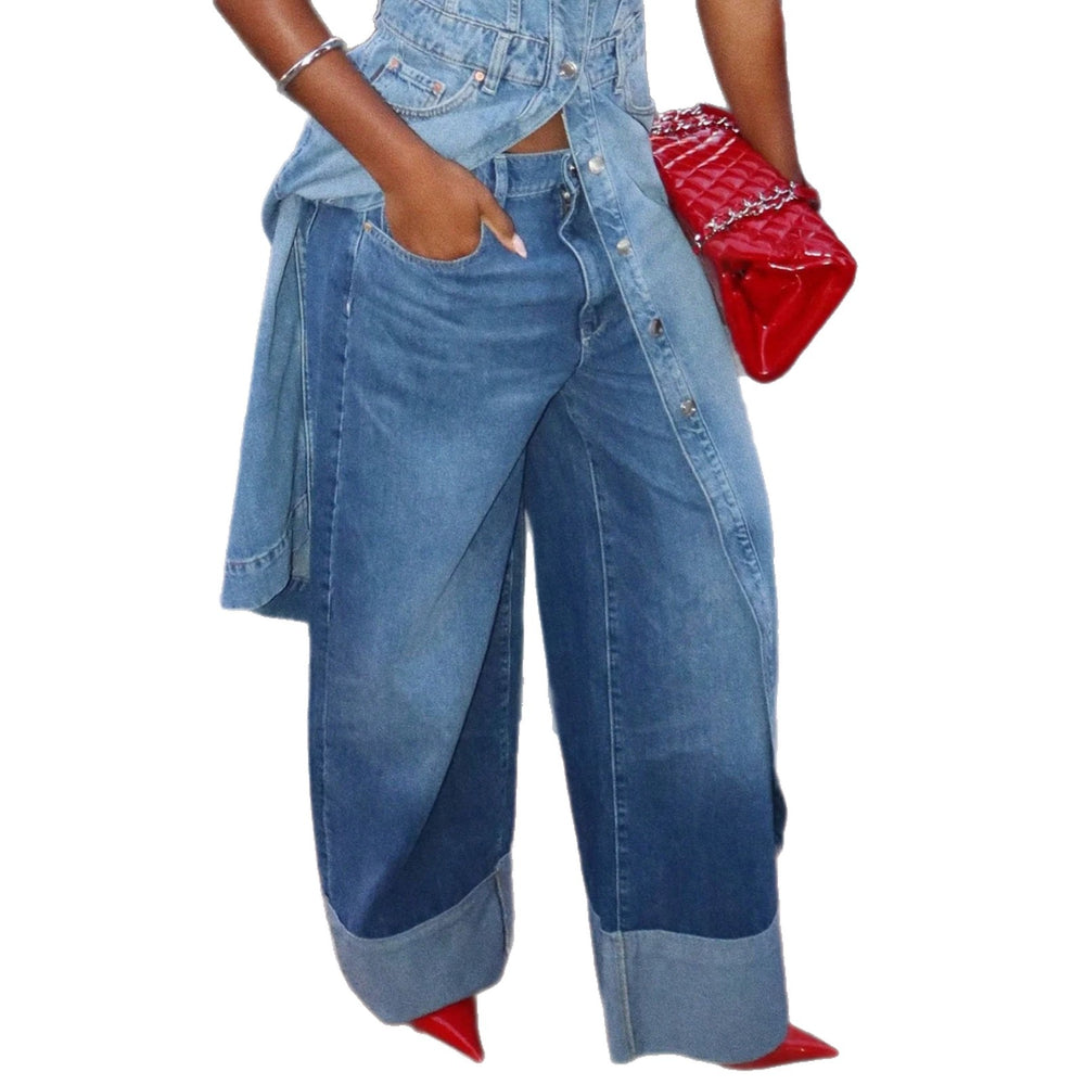 European and american style women's rolled hem wide leg jeans - high waist, drapey, vintage washed denim pants