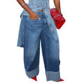 European and american style women's rolled hem wide leg jeans - high waist, drapey, vintage washed denim pants