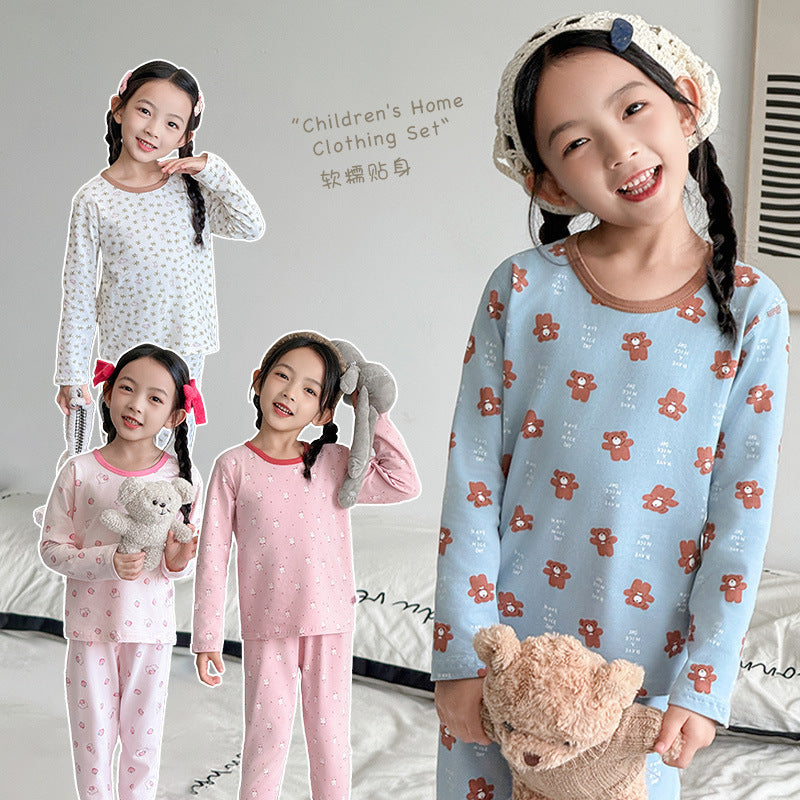 Kids type a autumn clothes and long trousers boys pure cottonintimatessuit girl lycra cotton home clothes pajamas pure cottoncomfortable
