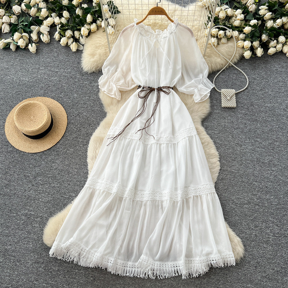 French red puff sleeve commuter short-sleeve dress - women's summer slimming a-line tassel cake dress