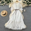 French red puff sleeve commuter short-sleeve dress - women's summer slimming a-line tassel cake dress