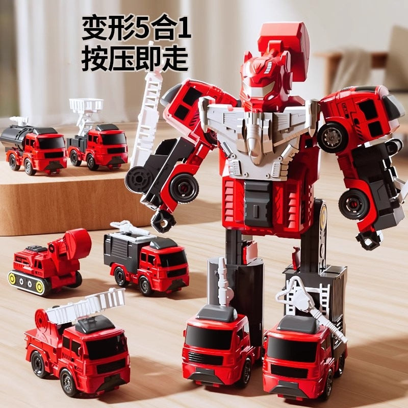 Kids' transforming robot building block set - 5-in-1 engineering vehicle, mecha, realistic car, fire truck, and military vehicle model