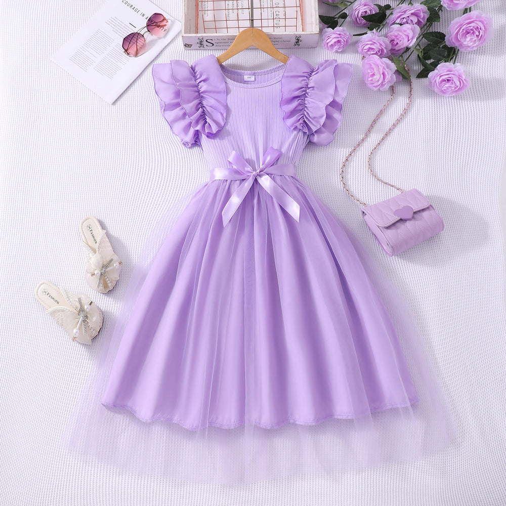 Girls' plus/minus size dress, ruffle flutter sleeve ribbed knit mesh round neck summer casual dress