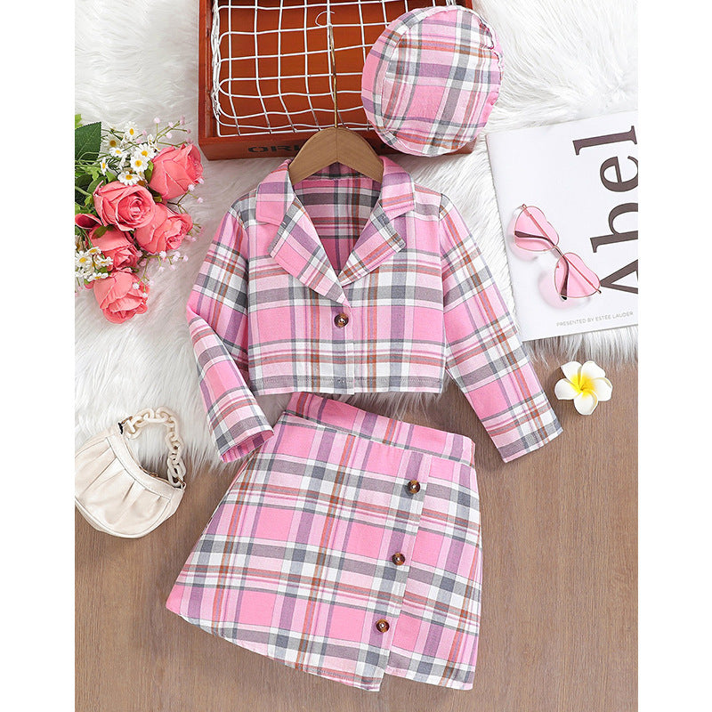 Spring & fallgirlplaidsuittwo-piece setk-style gray pink plaid lapel preppy style hat suit children's skirt