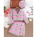 Spring & fallgirlplaidsuittwo-piece setk-style gray pink plaid lapel preppy style hat suit children's skirt