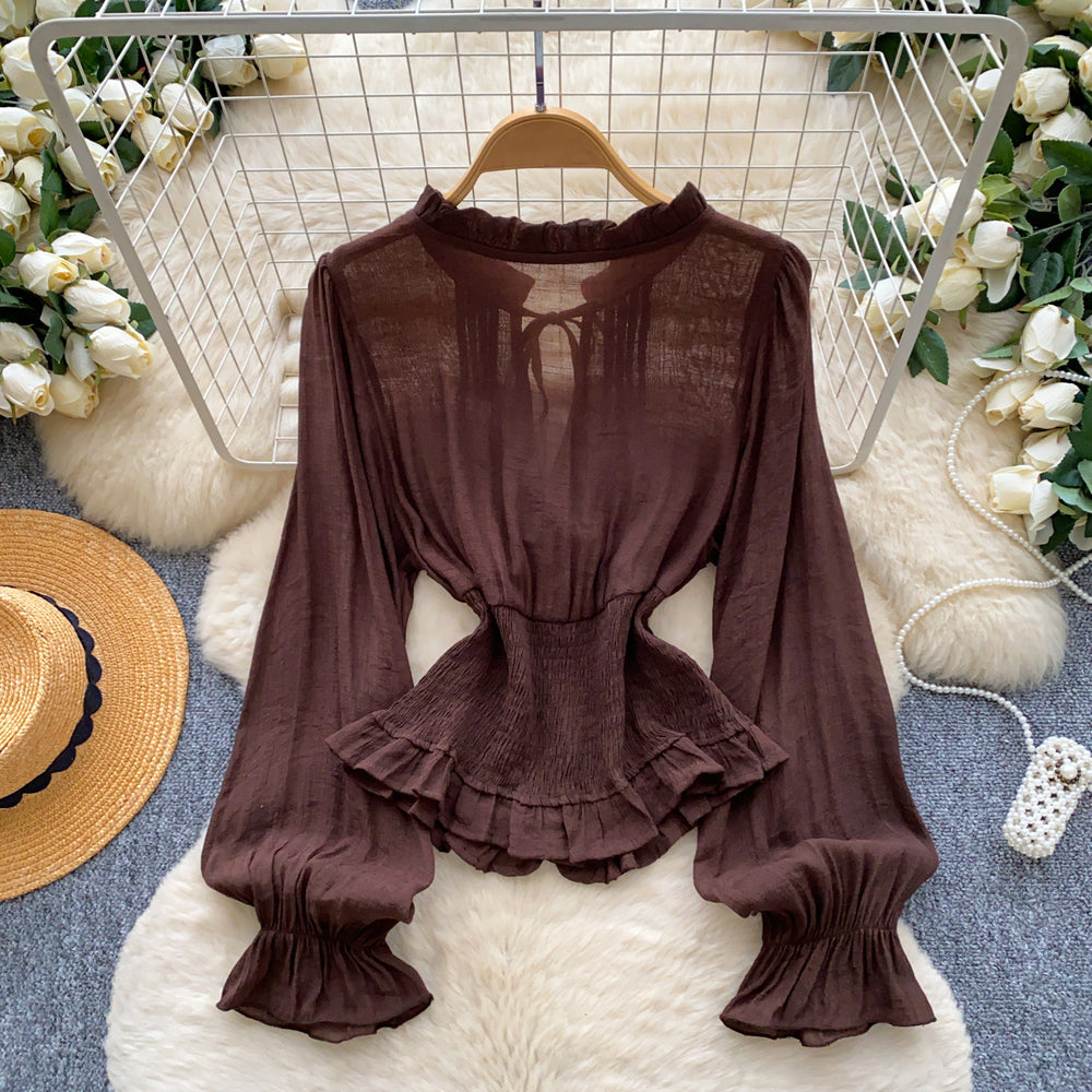 French court style ruffle-trimmed bell sleeve chiffon blouse - women's summer, elegant, and figure-flattering top with tie waist
