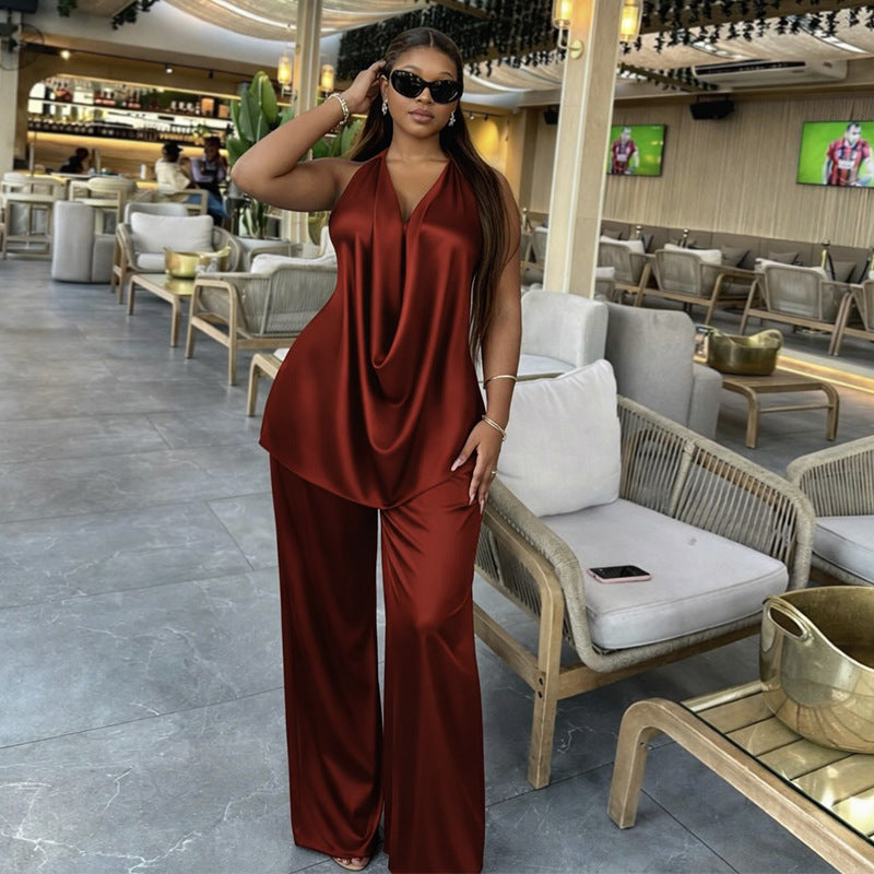 European and american cross-border african women's fashion  spring/summer new collection: solid color camisole top and high-waisted pants casual set