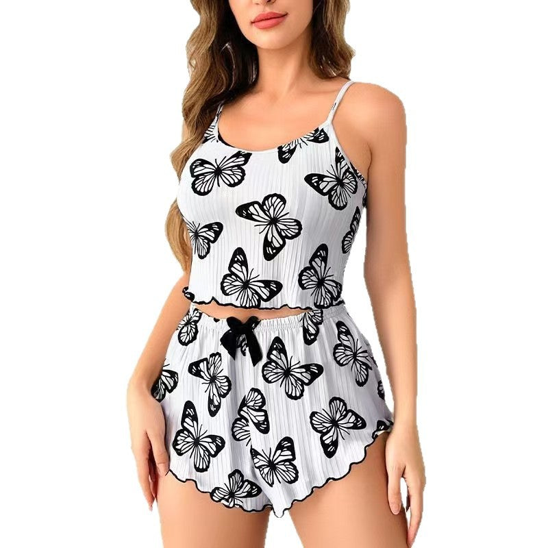 european and american new women's loungewear  hot-selling ribbed print butterfly cami and shorts pajama set