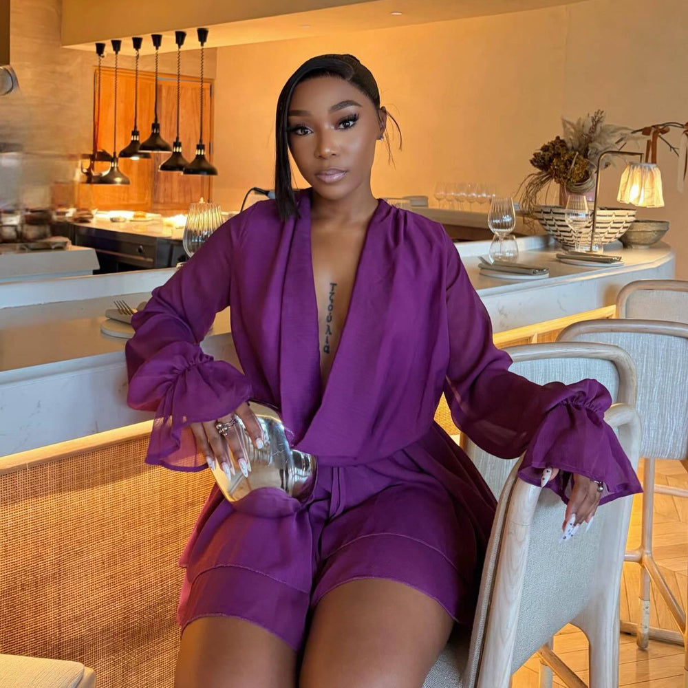 European and american cross-border women's fashion:  summer new arrivals - sexy and chic flared sleeve, cinched waist, asymmetrical mini dress