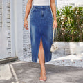 European and american cross-border women's fashion:  spring new arrivals -  independent store, washed denim midi skirt with elastic waist and slit