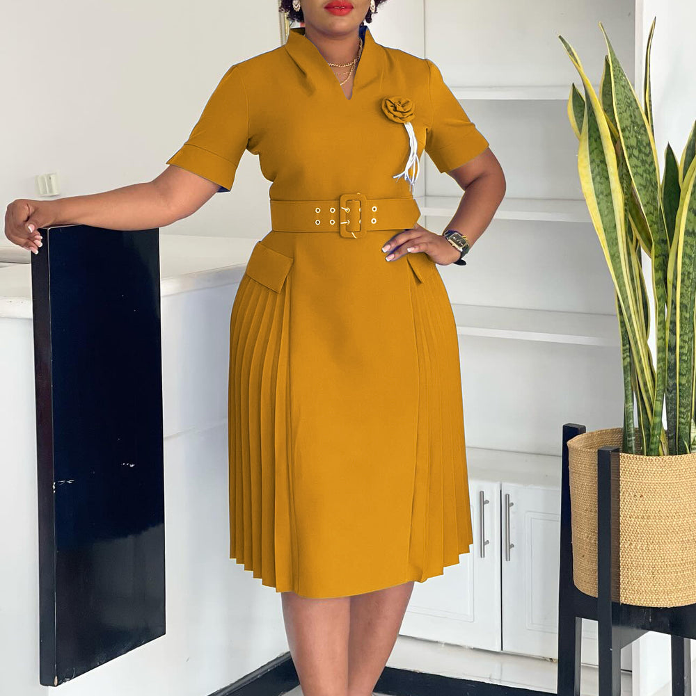 D584  foreign trade women's new fashion elegant v-neck solid color plus size pleated high waist african dress