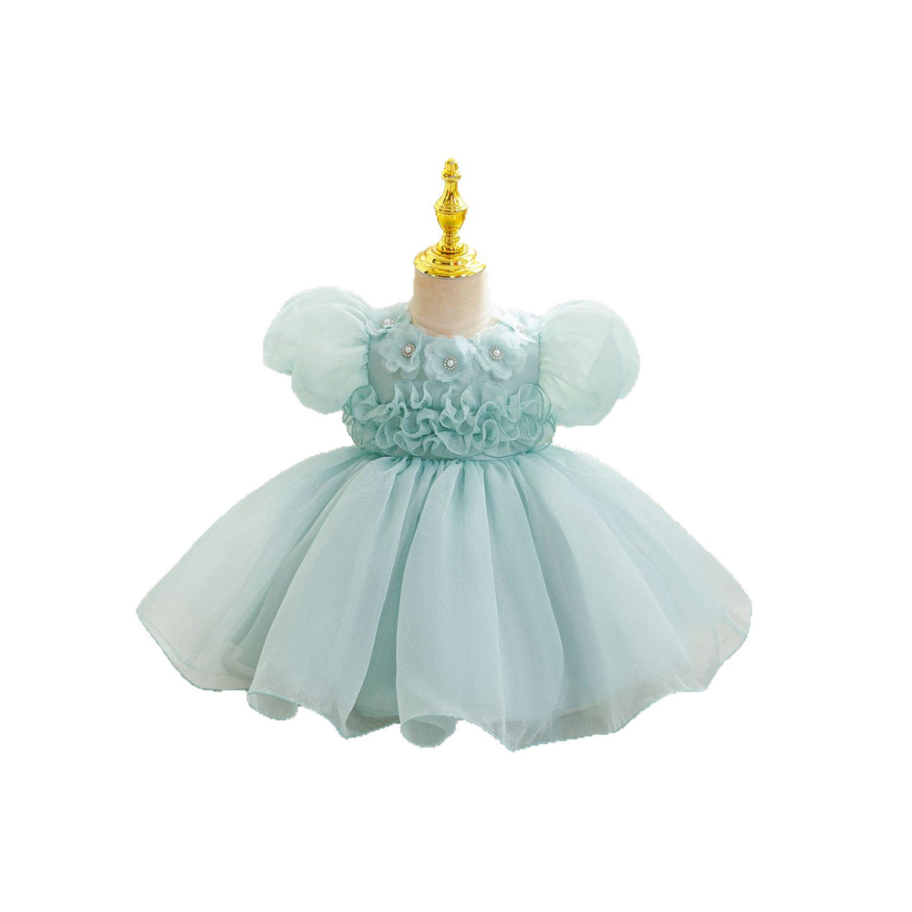 Ready-to-ship new bubble sleeve children's formal dress, floral tulle princess dress, baby girl's first birthday dress