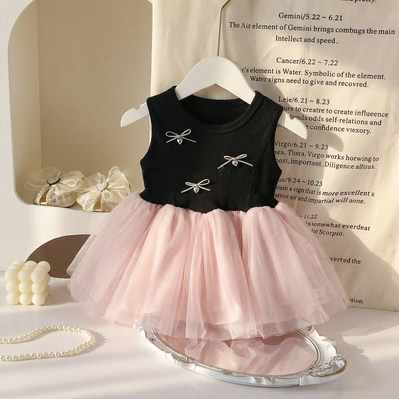 Girls' summer dress: new style baby girl dress, kids' fashionable and versatile black tank top with tulle skirt