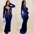 C6827 cross-border   fashion women's solid color sexy rhinestone long sleeve maxi dress
