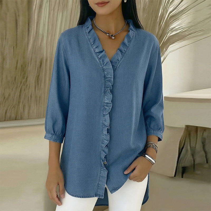 european and american export women's clothing: autumn casual fashion v-neck ruffle blouse top, new women's apparel