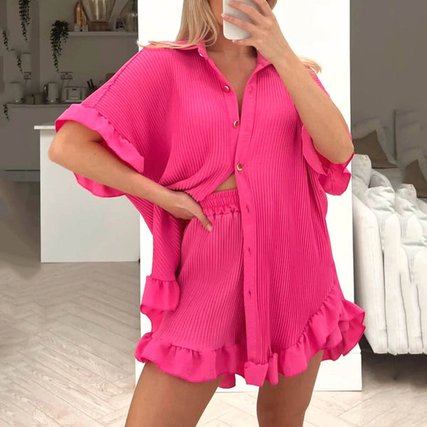 European and American ins style loose shorts short-sleeved shirt two-piece set pleated fungus edge casual suit women's summer