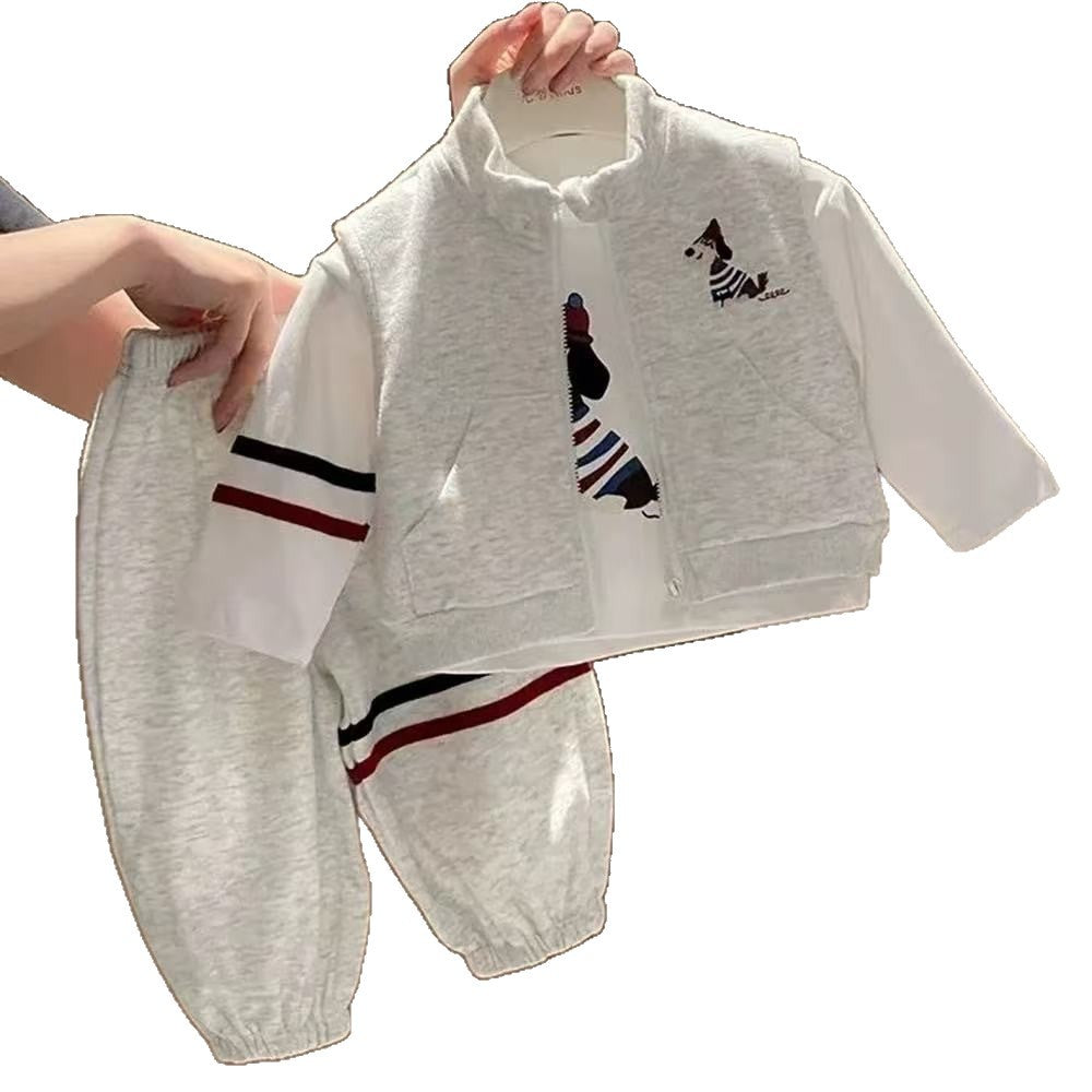 New spring/autumn korean style cartoon vest set for boys and girls - stylish and casual three-piece outfit with sweatshirt