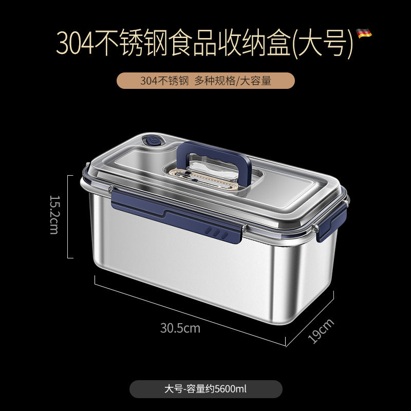 304 stainless steel handle fresh-keeping box, large capacity, portable and portable box with lid, refrigerator frozen and sealed storage box.