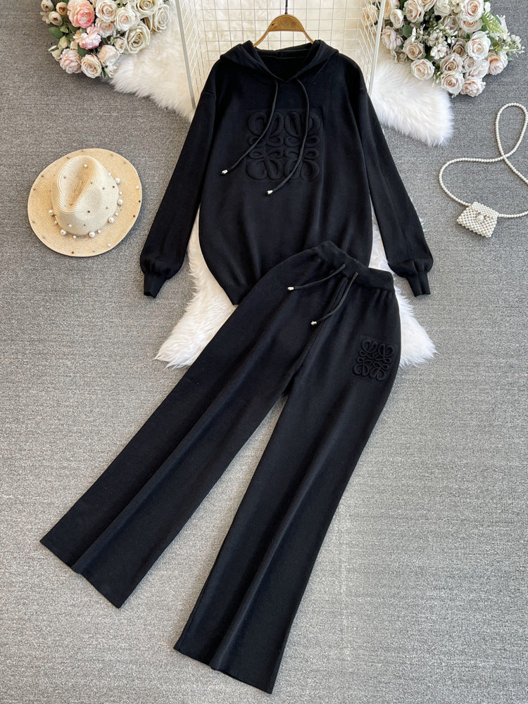 Fashionsuitfemalek-stylelooseknittinghoodedsweatshirttwo-piece setcasualhigh waistslimming lookstraight-legloose pants