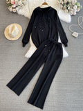 Fashionsuitfemalek-stylelooseknittinghoodedsweatshirttwo-piece setcasualhigh waistslimming lookstraight-legloose pants