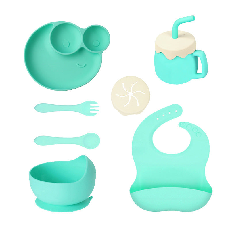 Children's Silicone Plate 7-piece Set Baby Separate Plate Feeding Bib Water Cup Fork Spoon Supplementary Food Bowl Tableware