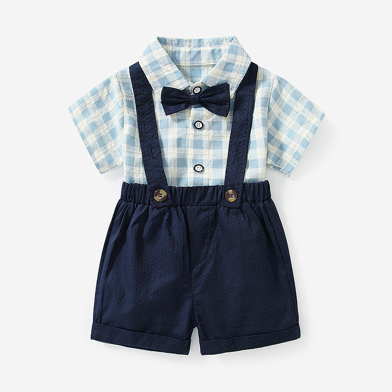 Boys' summer  new korean style plaid short-sleeve overalls thin two-piece set, class a cotton toddler outfit