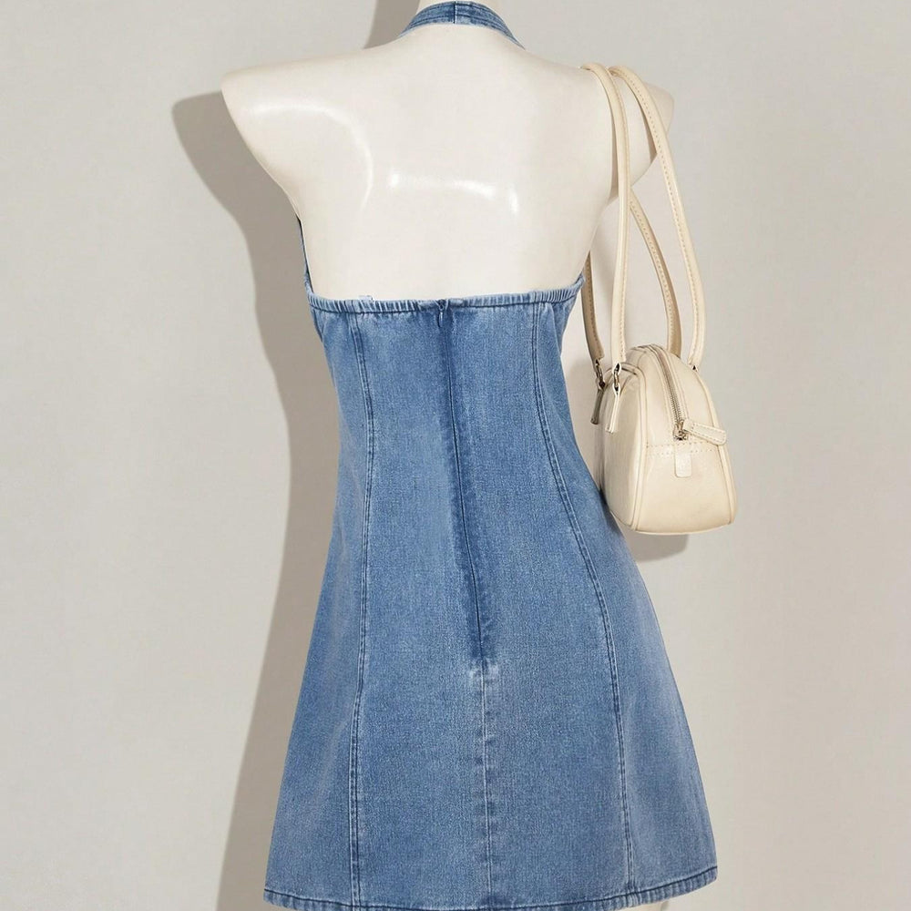 Amazon tiktok pinduoduo foreign trade cross-border fashion light blue washed lace halter denim skirt