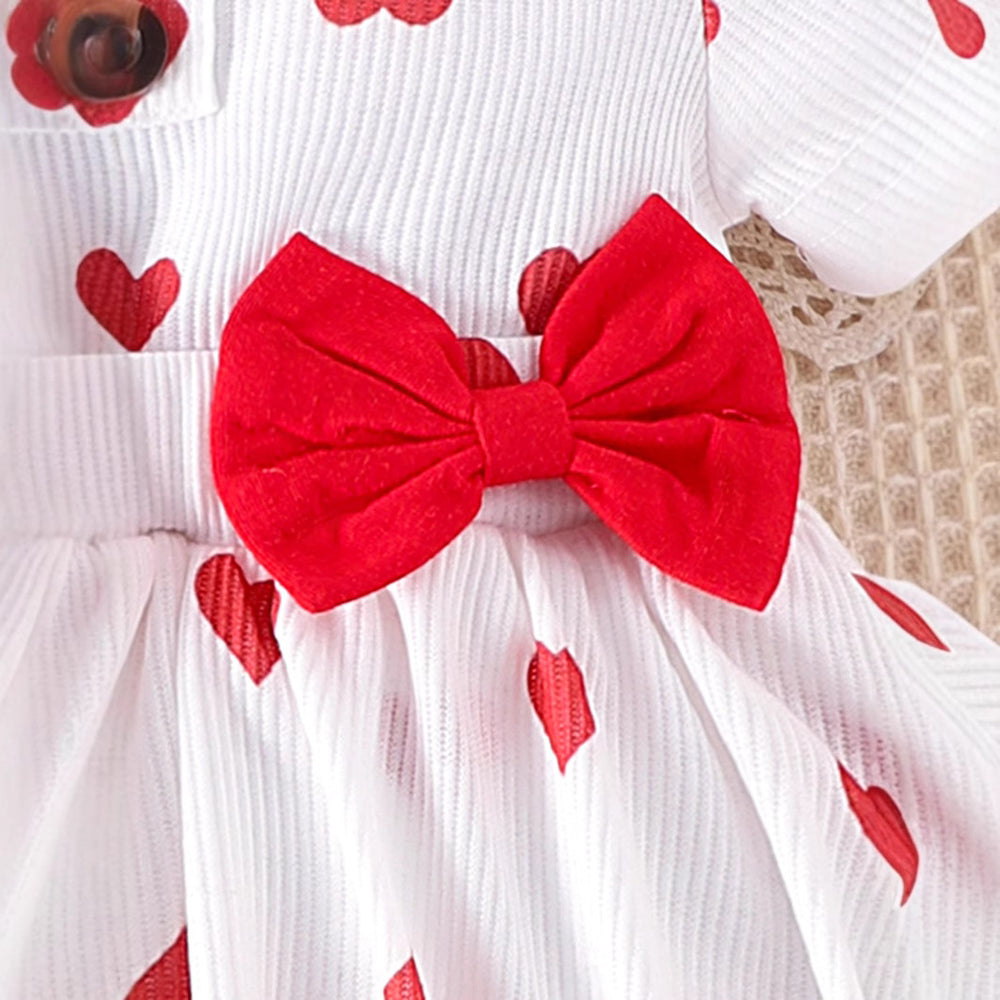 spring newborn infant round neck flutter sleeve heart print bowknot bodysuit, headband, and socks three-piece set