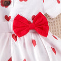 spring newborn infant round neck flutter sleeve heart print bowknot bodysuit, headband, and socks three-piece set