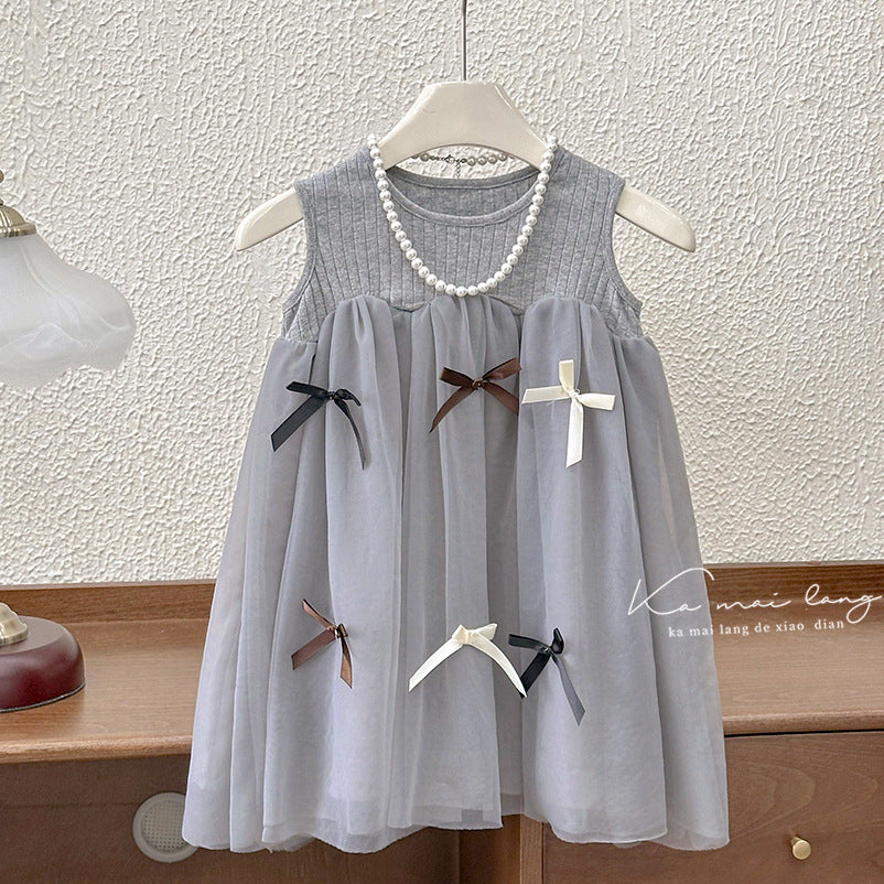 Girls' summer dress  sleeveless tank top mesh skirt baby bow princess dress
