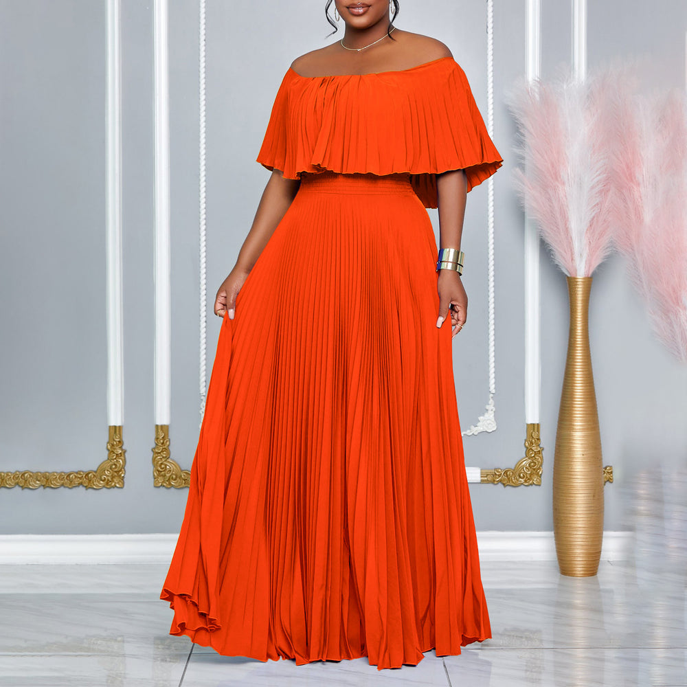 C8594  foreign trade women's new sexy off-the-shoulder pleated maxi dress - european and american style