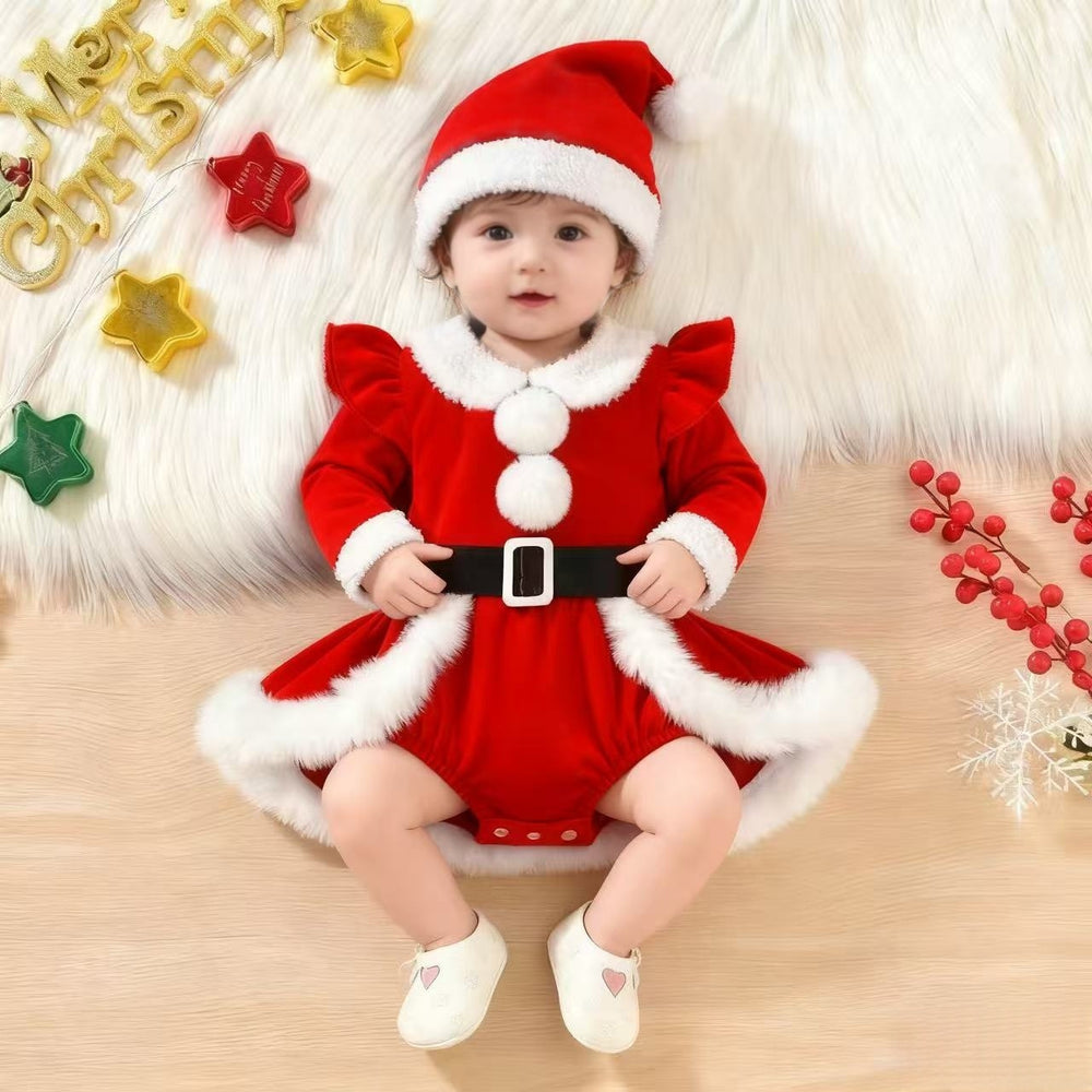 Baby girl cute christmas birthday holiday party outfit fuzzy patchwork romper dress